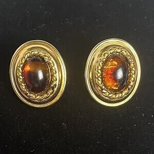 Vintage Faux Amber Oval Cabochon Clip Earrings Gold Tone Signed Costume Jewelry